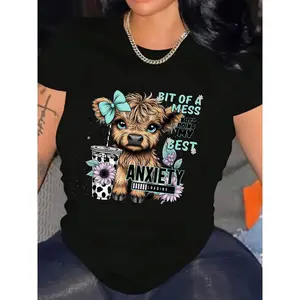 Women's Highland Cattle Graphic T-Shirt - Stylish Crew Neck Casual Short Sleeve Top, Anxiety-Themed Design with Cow Print, Perfect for Spring/Summer, Casual Wear |   Crew Neck Shirt