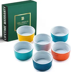 Bellemain 4 oz Porcelain Mini Bowls Set of 6 Oven Safe to 500F Ramekins Custard Cups Mini Cheesecake Pans Small Baking Dish Dipping Sauce Bowls Multi-Color