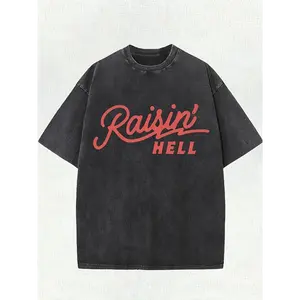 heavy-duty cotton street style T-shirt - Vintage washed 'Raisin' HELL' pattern print, round neck short sleeve, casual summer shirt, machine washable