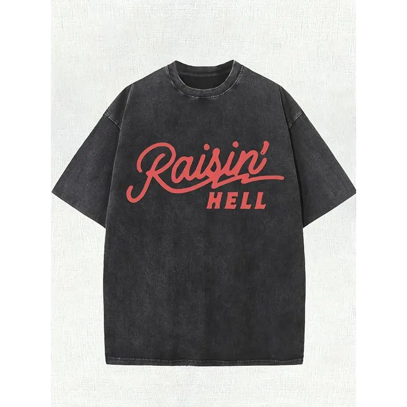heavy-duty cotton street style T-shirt - Vintage washed 'Raisin' HELL' pattern print, round neck short sleeve, casual summer shirt, machine washable