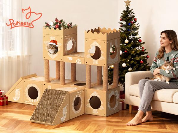 PalNests Cardboard Cat Tree 3-in-1 Multi-Level Tower with Scratching Posts & Tunnel for Kittens & Medium Cats DIY Recyclable