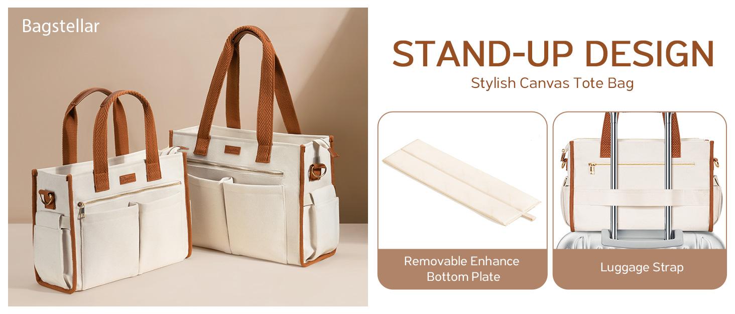 Bagstellar Canvas Tote Bag for Women, Large Work Travel Tote Bags With 9 Pocket & Zipper College Bible Laptop Bag Crossbody Handbag