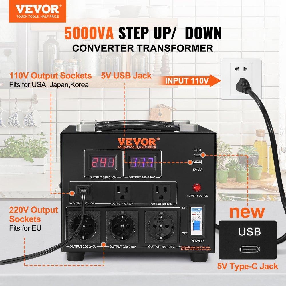 VEVOR Voltage Converter Transformer, Max. 5000W, Heavy Duty Step Up/Down Transformer, Convert from 110 Volt to 220 Volt and  from 220 Volt to 110 Volt, with US Outlet EU Outlet 5V USB Port