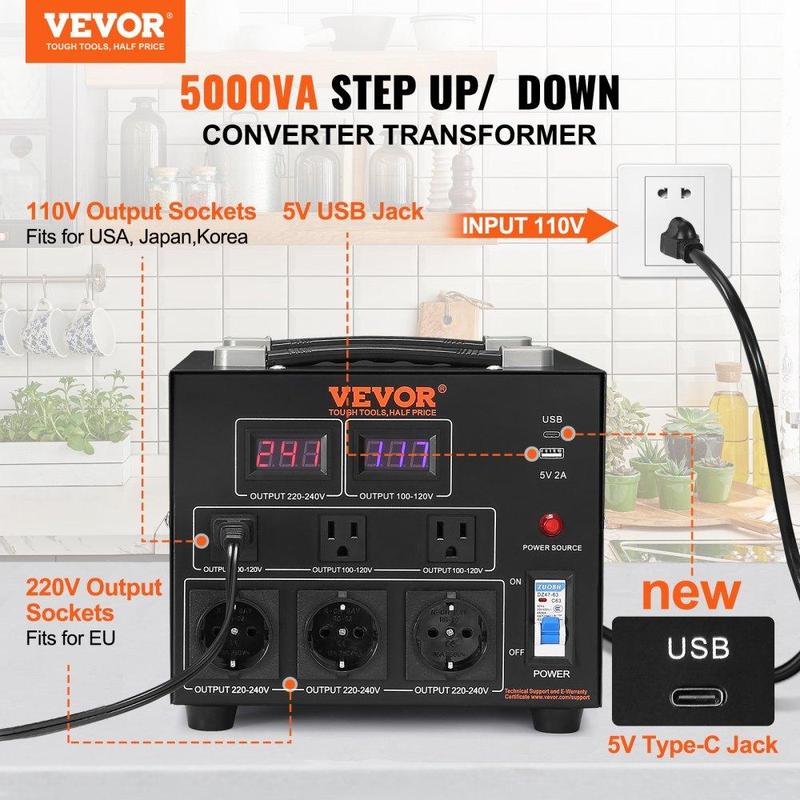 VEVOR Voltage Converter Transformer, Max. 5000W, Heavy Duty Step Up/Down Transformer, Convert from 110 Volt to 220 Volt and  from 220 Volt to 110 Volt, with US Outlet EU Outlet 5V USB Port