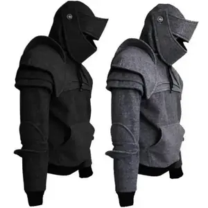 Men Sweatshirt Solid Color Front Pocket Pullover Hoodie Medieval Style Face Cover Hooded Knight Halloween Clothing