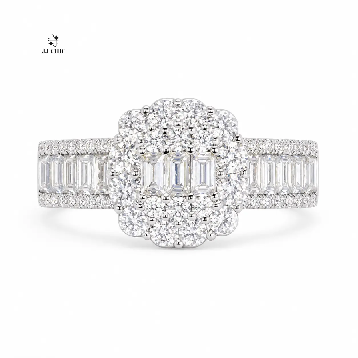 Women's Vintage Sparkling Floral Cluster Ring - Artificial Baguette Gemstone Statement Ring, Fashion Jewelry Gift