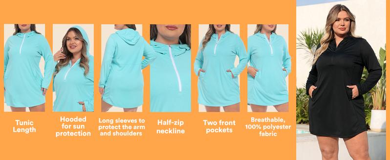 HDE Women's Plus Size Long Sleeve Swim Coverup Dress with Hood Beach Outdoor Wear UPF 50 Protection Breathable Quick Dry Fabric
