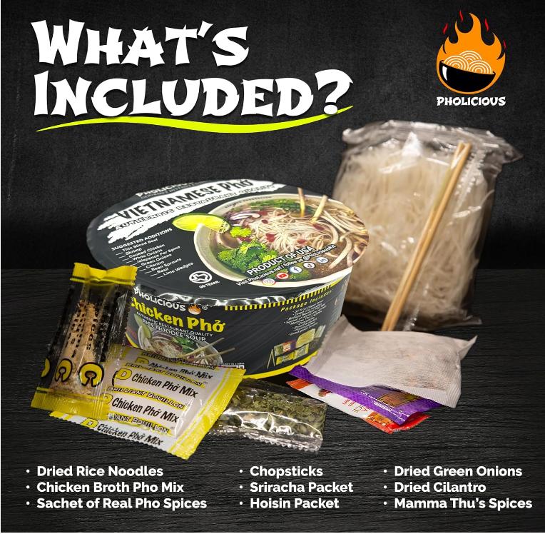 PhoLicious Instant Chicken Pho, Authentic Vietnamese Rice Noodle Soup Kit with Spices & Broth Mix, Ramen Noodles Alternative, Quick Microwave Meal - Pho Noodles Bowl - Chicken Flavor (4 Pack)
