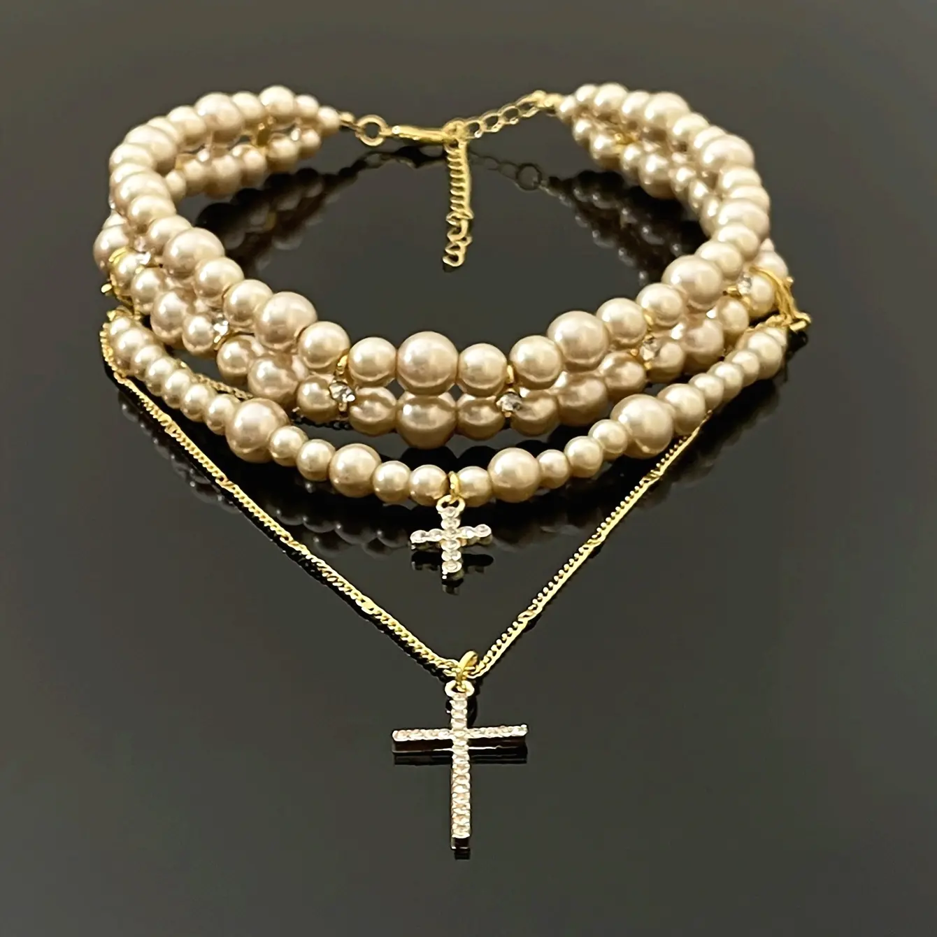Elegant Multi-Layered Imitation Pearl Cross Necklace with Gold Chain - Perfect for Weddings, Banquets and Parties, Wedding Jewelry |   Elegant Necklace |   Pearl Decoration