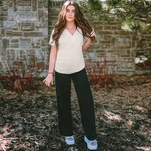 Pale Khaki Textured Wide Sleeve V Neck T Shirt