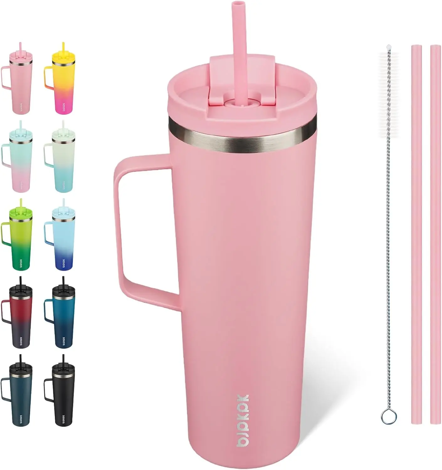 Insulated Tumbler with Handle, 30oz Insulated Tumblers with Lid and Straw, Stainless Steel Metal Water Bottles, Coffee Travel Mugs, Cups, Light Pink