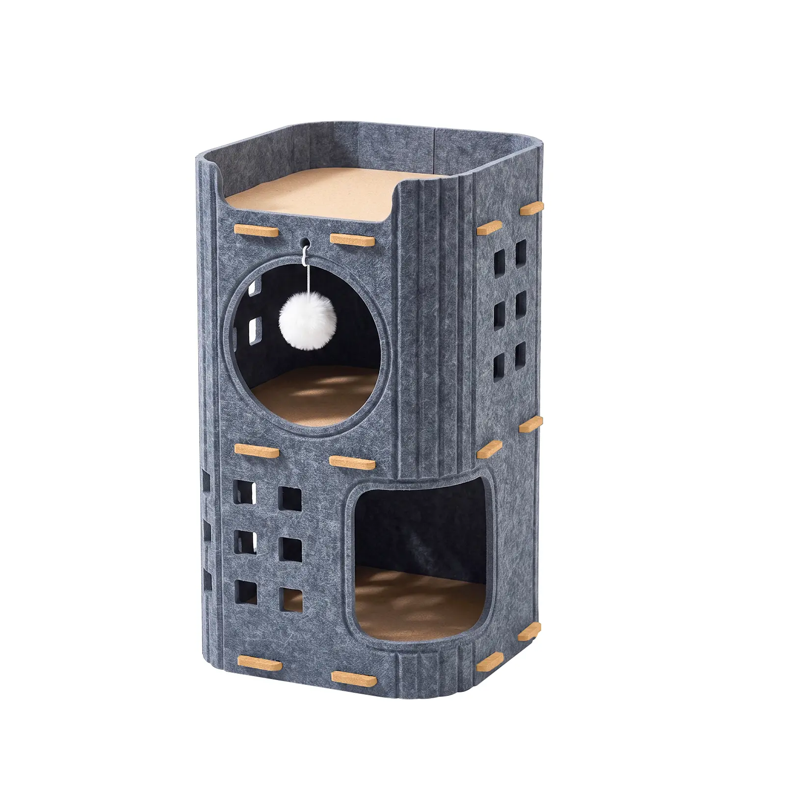 2-Tier Detachable Felt Cat Tower House Multi Level Cat Cave Condo with Hanging Pom-pom Toy Scratch Pad Base Breathable Hollow Window Design Indoor Large Space Cat Shelter for Kittens Adult Ca