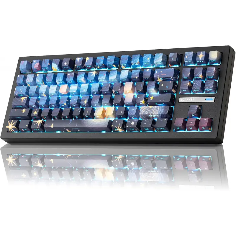 ZH870 Lighted 80% Creamy Mechanical Gaming Keyboard with Number Pad, Blue Switch, Van Gogh's Starry Night Dye Sublimation PBT Plastic Keycaps, Linear Switches, Hot Swappable, Rainbow RGB LED Backlit, PC Gaming, Summer Back to School Deals, Creamy Keyboard