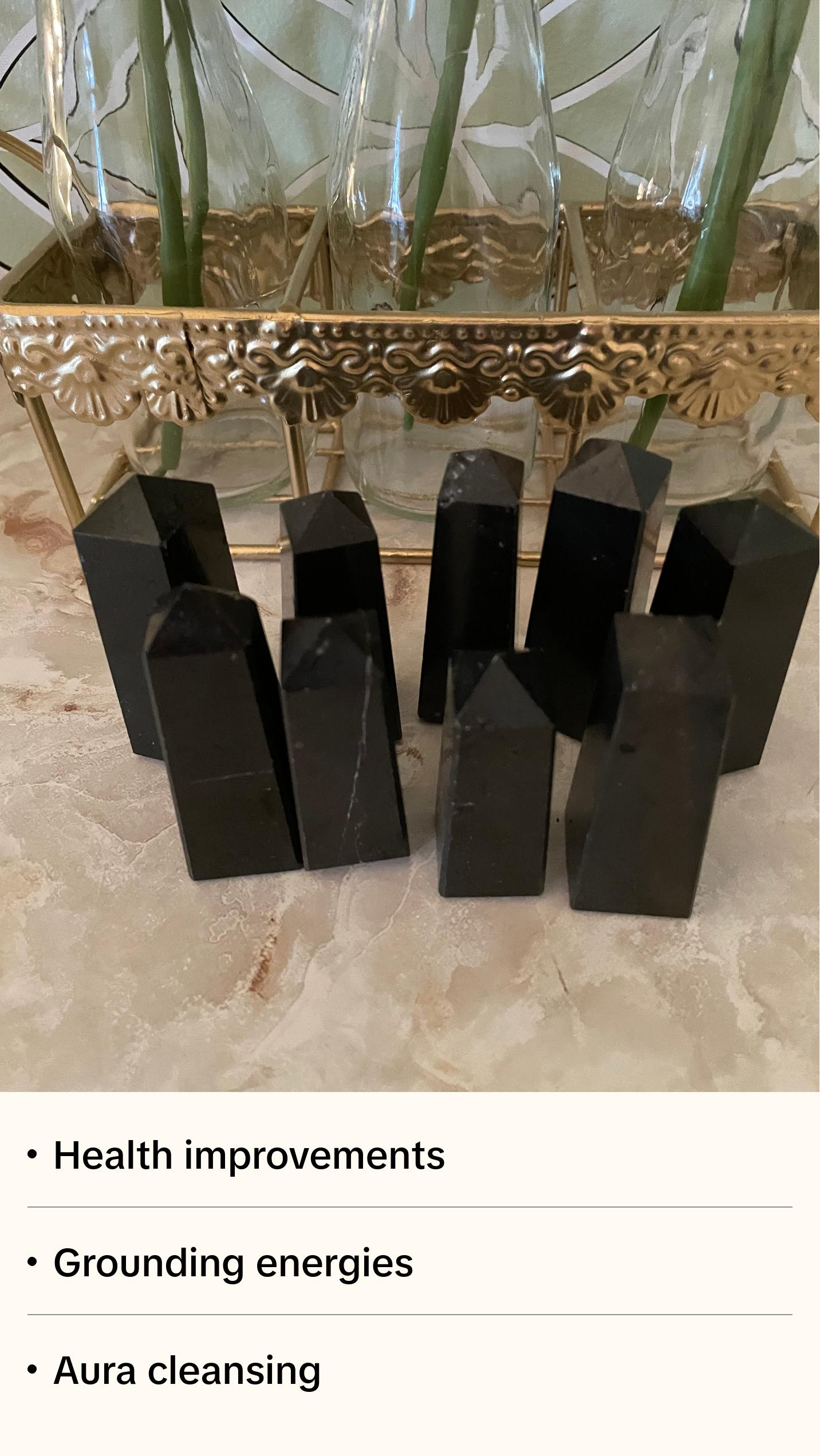 Black Tourmaline towers are approximately 2.5” tall and weigh approximately 2 ounces.