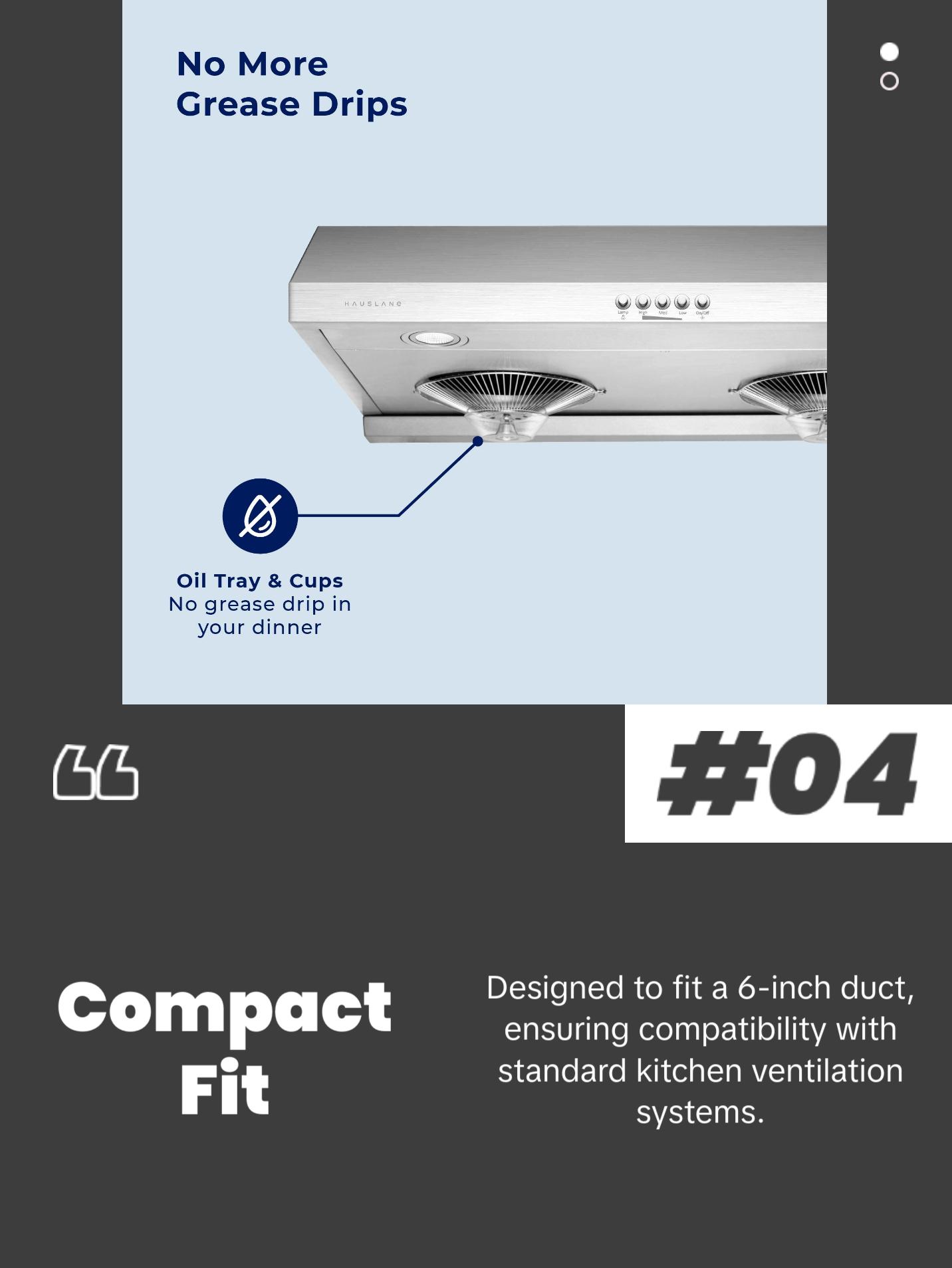 Hauslane | Chef Series Range Hood C100 30" Under Cabinet Kitchen Extractor | Stainless Steel Electric Stove Ventilator | 3 Speed Settings | Energy Efficient LED Lamps | Fits 6 Inch Round Ducts