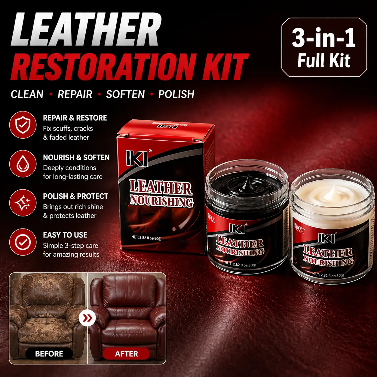 Leather Repair & Conditioner Kit - Lanolin Balm, Sponge, Polishing Glove, Black & Neutral Formula for Color Restore, Softening & Shine of Leather Jackets, Shoes # homemadaundry detergent # mould spray # sweetheart powder # multi surface tablets