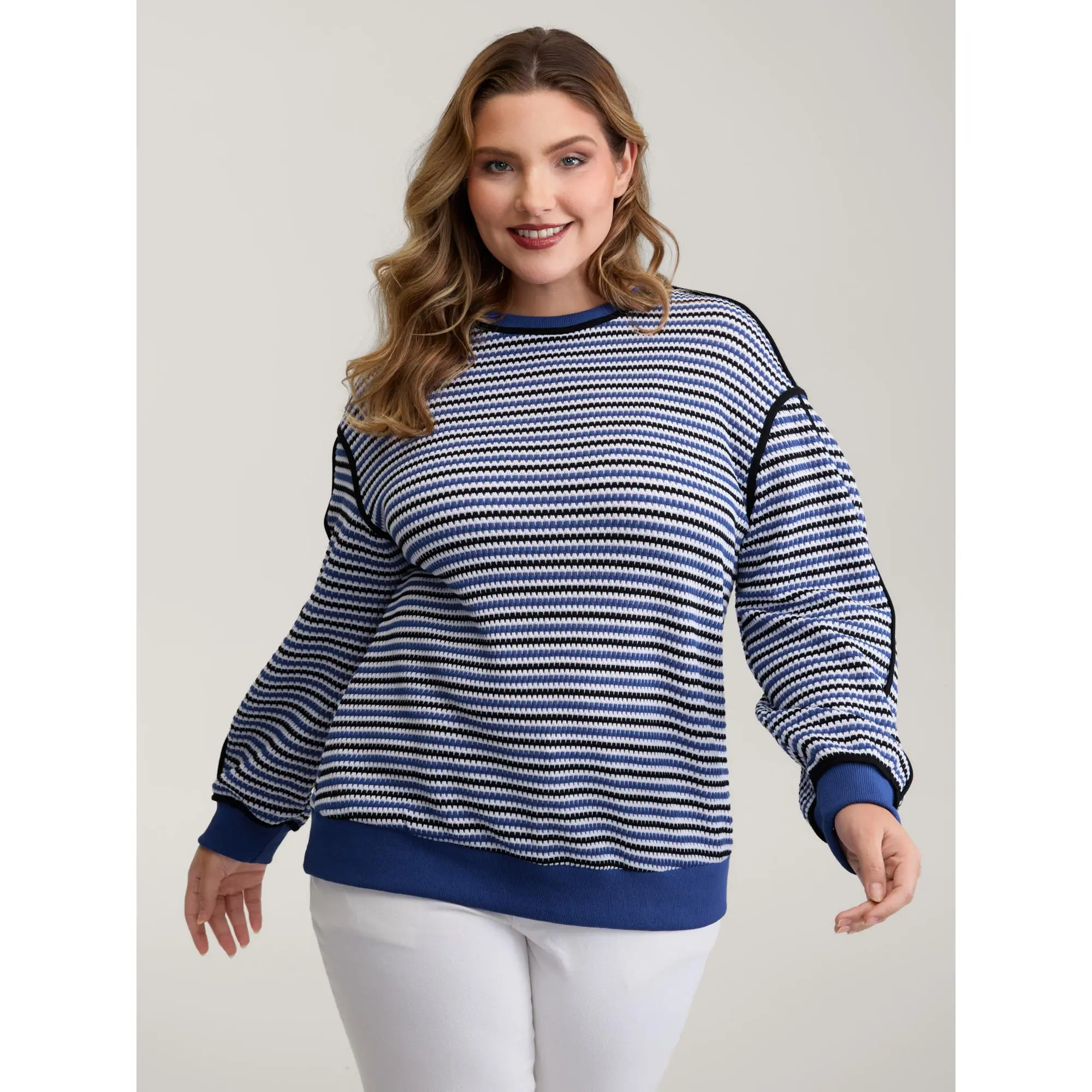 【 Comfy Chic】Bloomchic Stripe Print Contrast Edge Drop Shoulder Sweatshirt Fit Blue  Sleeve Womenswear,Summerfinds