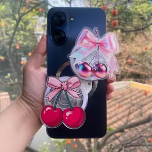 Coquette Cherry Bow MagSafe Phone Grip, Magnetic Pop Socket Holder for iPhone & Kindle, Cute Girly Phone Accessory
