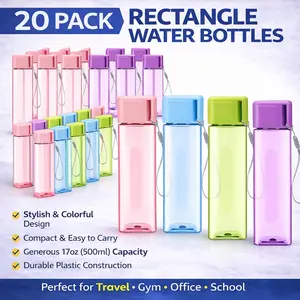 20 Pack Rectangle Water Bottles Bulk Lot – 17oz Clear Reusable Plastic Bottles with Strap for School, Gym, Travel, Party Favors & Resale