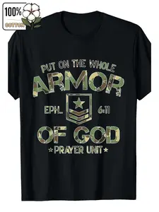 Men's Ephesians 6:11 Verse T-Shirt - Spiritual Armor Faith Design with Shield & Sword Symbols, Comfortable Cotton Church Apparel Prayer Shirt, Casual Short Sleeve Tee for Church Events & Casual Attire (Multiple Sizes Available)