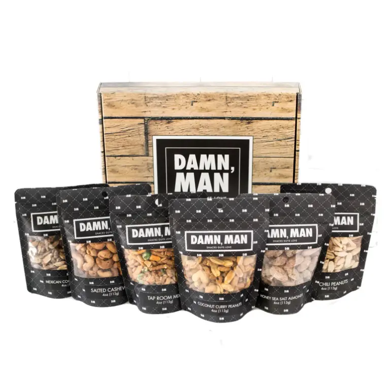 Damn Man 6 Nut Gift Box - Mixed Flavored Nuts - Six Variety Snack Assortment - Corporate Gifts for Him - Roasted Salted Tasty Vegan Snacks