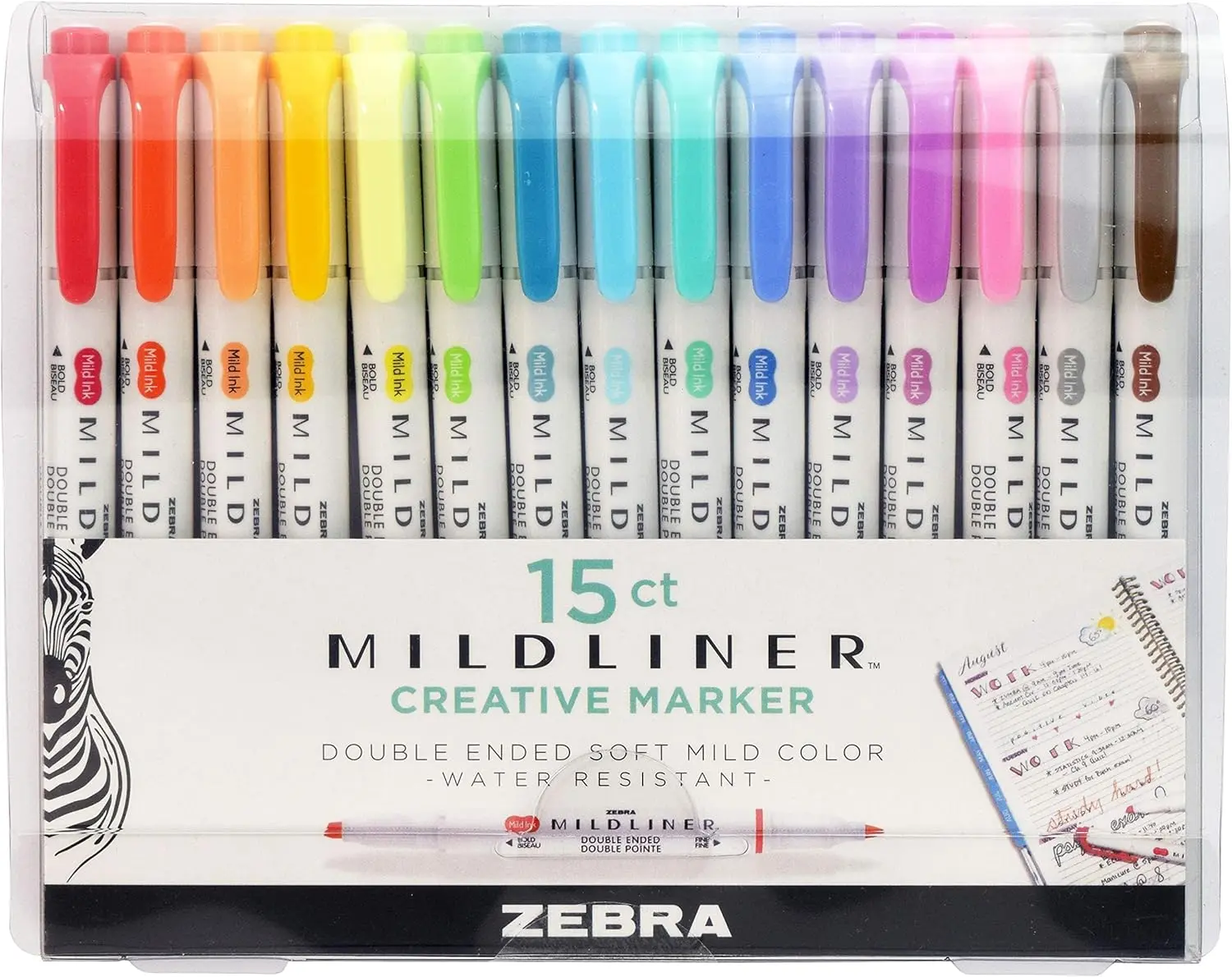 15-Pack Mildliner Double-Ended Dual Tip Highlighters - Broad & Fine Points, No Bleed, Assorted Ink Colors, for Bible Highlighting, Journaling, Coloring Books