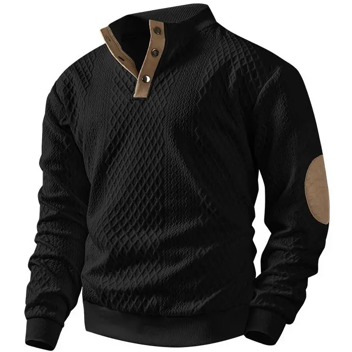 Men’s textured knit pullover sweater with four buttons, stand collar, long sleeves, elbow patch design—casual long-sleeve stand-collar sweatshirt suitable for everyday wear.