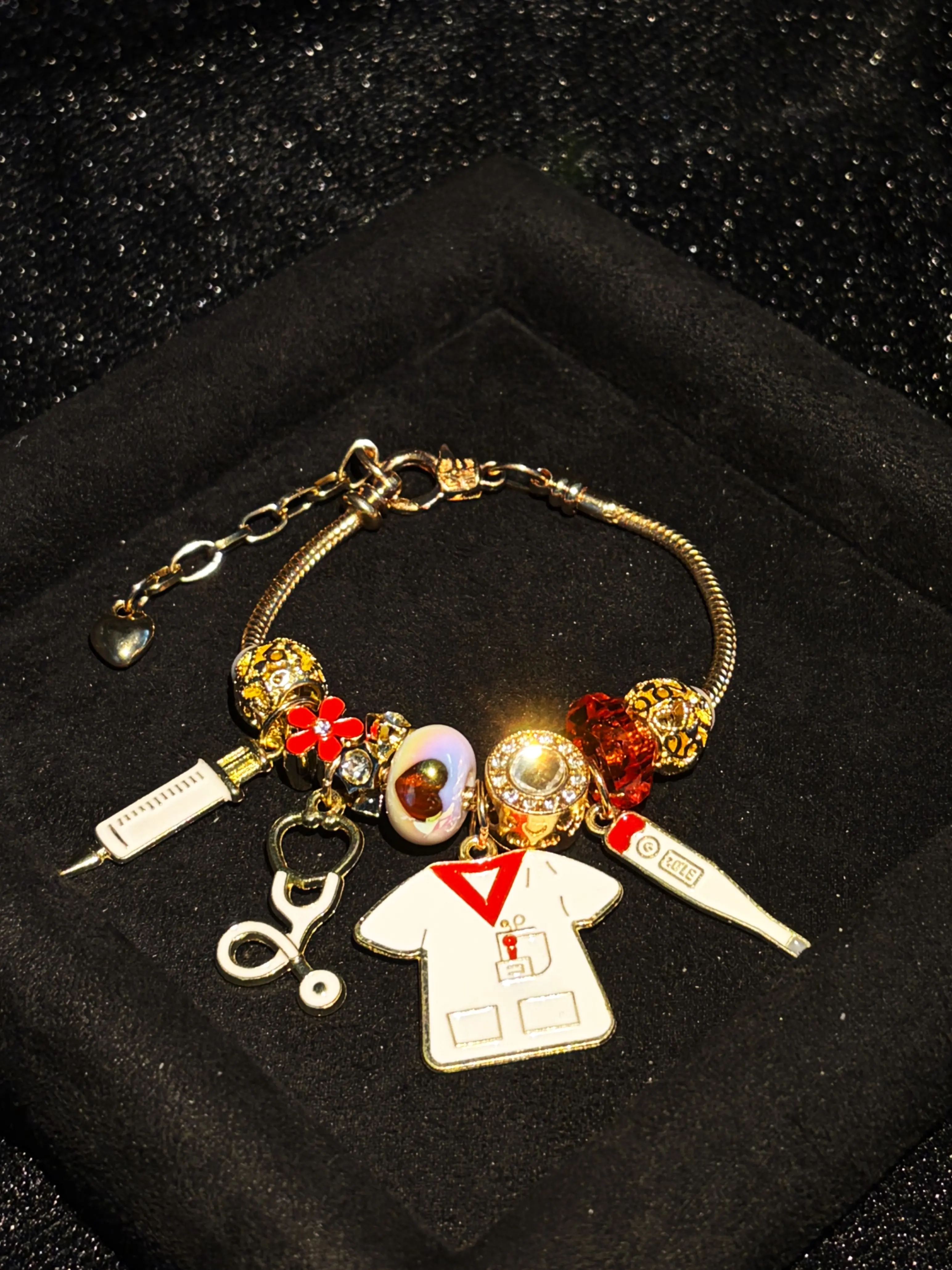 Women's Appreciation-Themed Gold-Tone Beaded Charm Bracelet with Uniform-Style Dangle Charms, Meaningful Costume Jewelry Gift