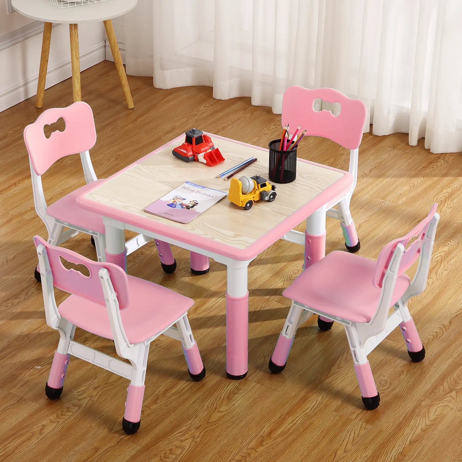 Kids Table and 4 Chairs Set, Height Adjustable Toddler Table and 6 Chair Set for Ages 2-10 for for Crafts and Study, Graffiti Desktop, Non-Slip Legs, Children Activity Table for Daycare, Classroom