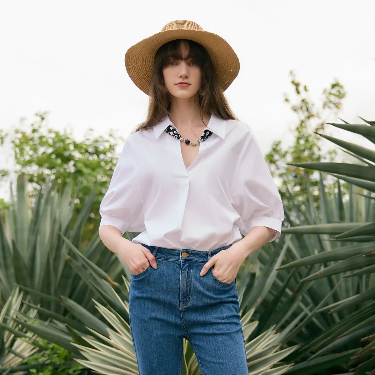 GOELIA Women's Casual Solid Color Cotton Blouse - 3/4 Puff-Sleeve V-Neck Lightweight Plain Loose-Fitting Shirt, Machine-Washable, Includes Silk Scarf