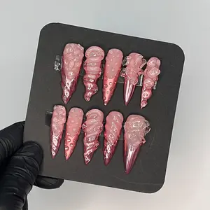 Pink Chrome French Tip 3D Gel XL Stiletto Press On Nails, Handpainted Fake/False Nail, Event/Birthday/Prom/Holiday Nails Art