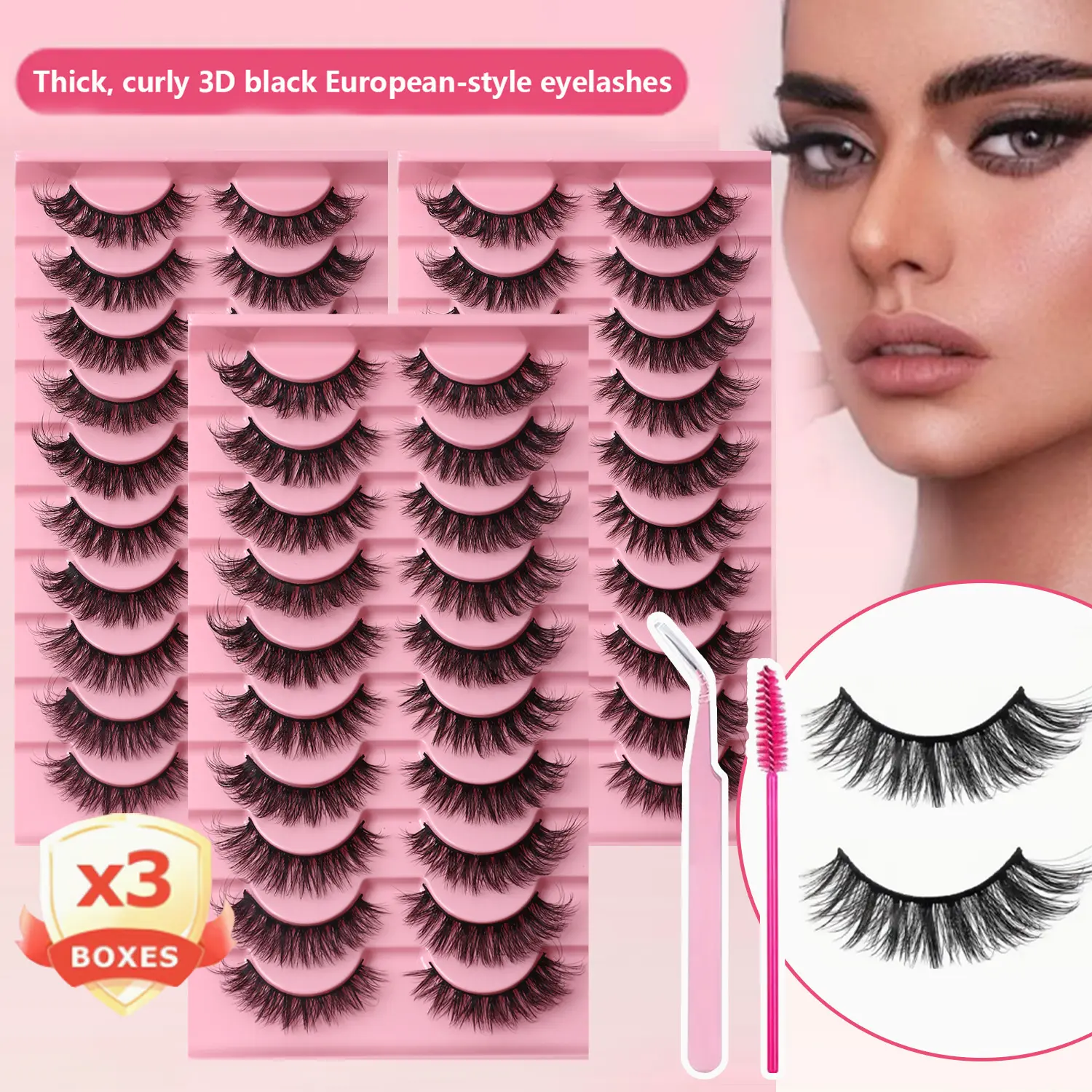 3D D Curl Lash Strips, Fluffy Voluminous Cat-Eye False Eyelashes for Baddie & Doll Makeup Looks, Reusable Cosmetic Lashes with Free Tweezers & Brush, Baddie Makeup, Dramatic Lashes