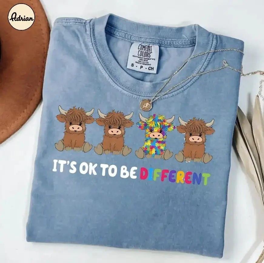 Comfort Colors It's Ok To Be Different Autism Awareness by Adrian Originals T-shirt, Garment-Dyed Vintage Soft Cotton, Unisex Tee Made In The USA	