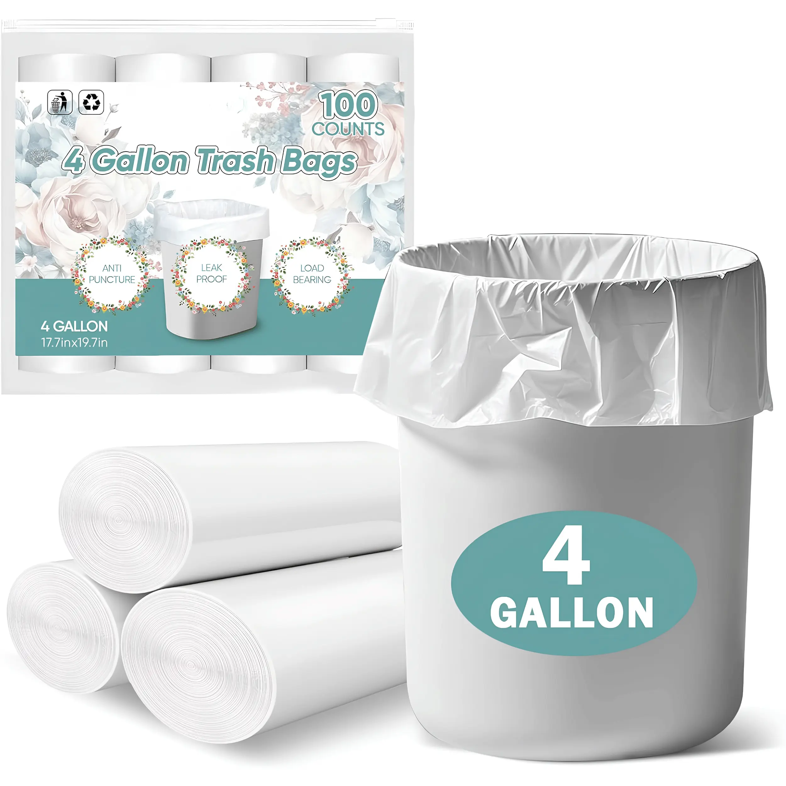 White Small Bathroom Trash Bags 4 Gallon 100 Count Unscented Garbage Can Liners, Leak-Resistant Mini Trash Bags for Bathroom, Bedroom, Office, Vanity & Small Wastebaskets, Durable Disposable Wastebasket Liners for Home