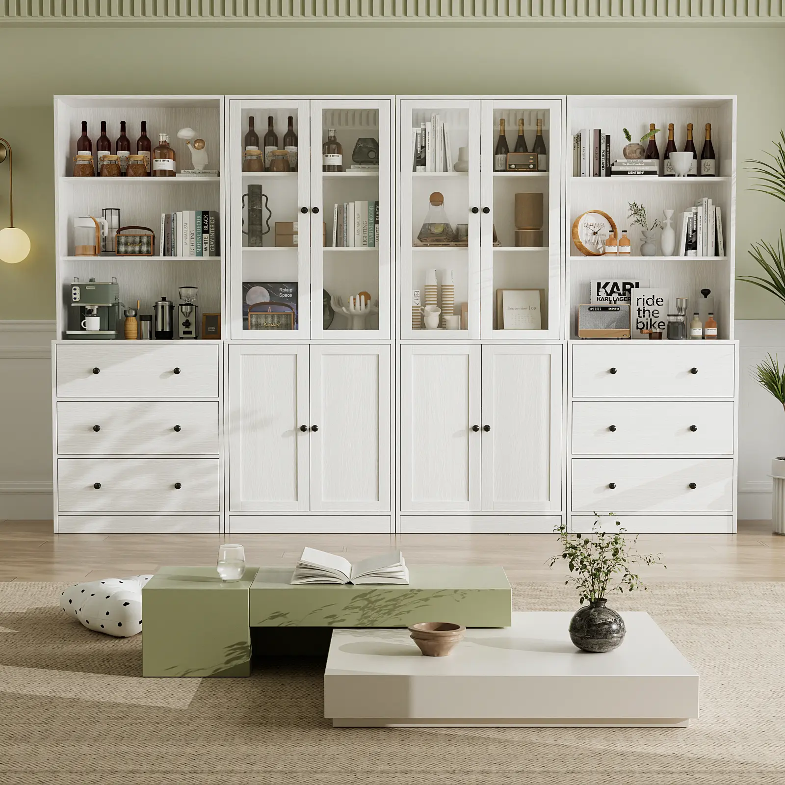 VOWNER Modern Rectangular Storage Cabinet with Glass Doors & 3 Drawers, 3-Tier Bookshelf Display Unit, Requires Assembly for Living Room & Home Office, White