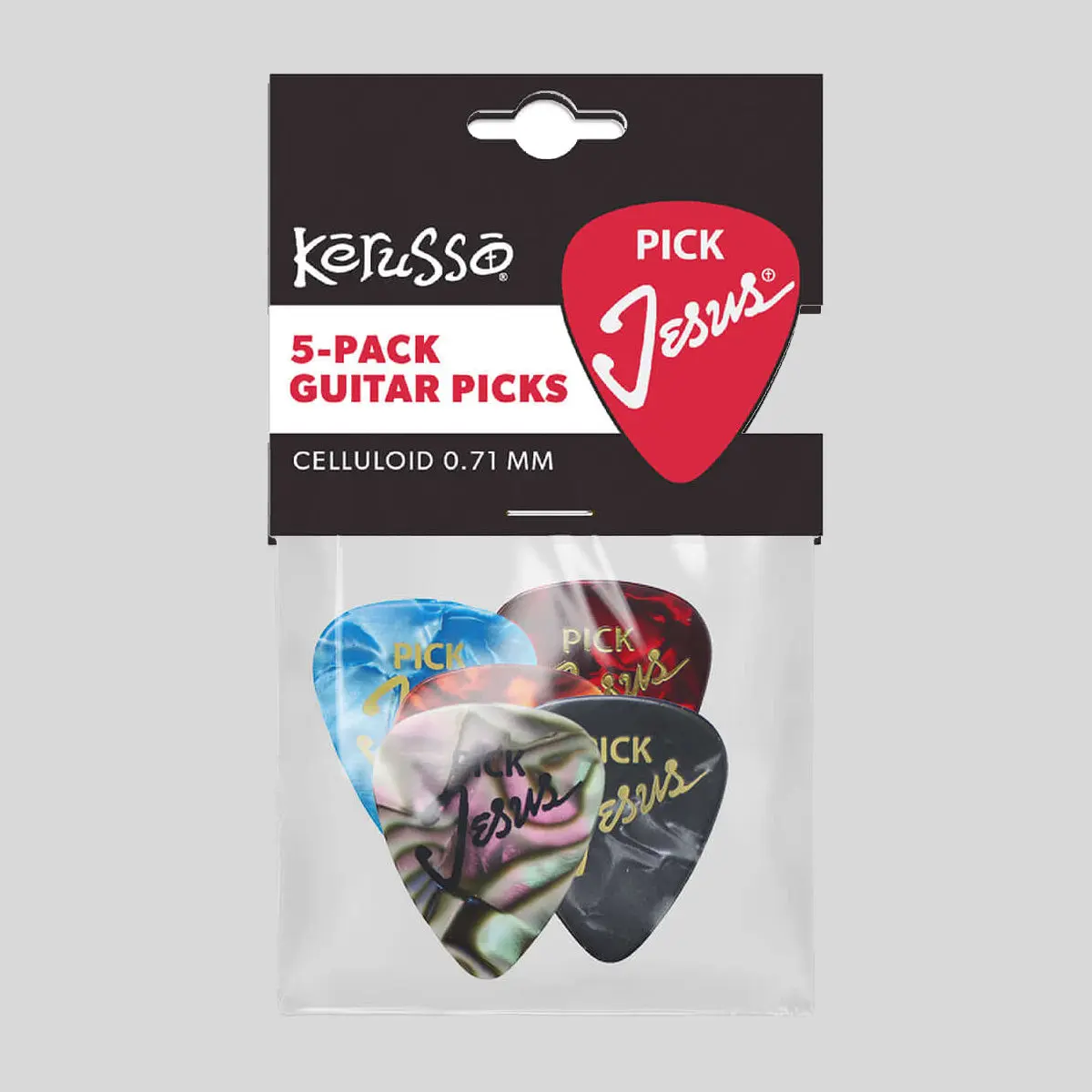 Kerusso 5-Pack Assorted Medium-Weight Celluloid Guitar Picks - Jesus Text Design, Unisex Adult Musicians, Faith Music Use, Clever Reminder, Great Gift, Compatible with Any Band, Celluloid-Style