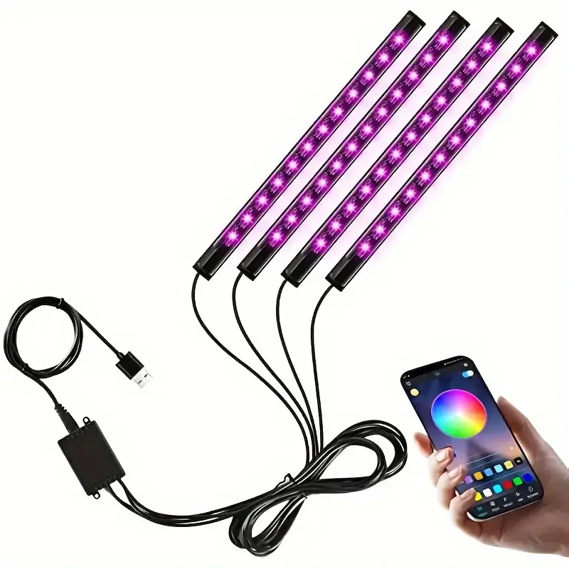 48-Light RGB Car Interior LED Light Strip with App Control (no remote control), Music Voice Control Mode, Under Dashboard Footwell Ambient Lighting, Dual-Row Design, Suitable for Cars, Trucks, ATVs, UTVs