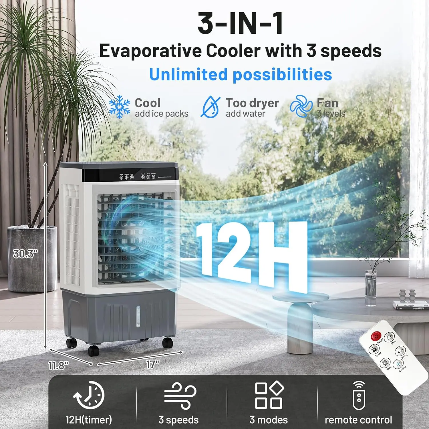 VCJ JD-818R 2800CFM Evaporative Air Cooler, 8.6 Gal 3 IN 1 Windowless Portable Swamp Cooler Air Conditioner,120° Oscillation, 3 Speeds, 12H Timer, 6 Ice Packs, Air Cooling Fan for Bedroom Room Office Garage