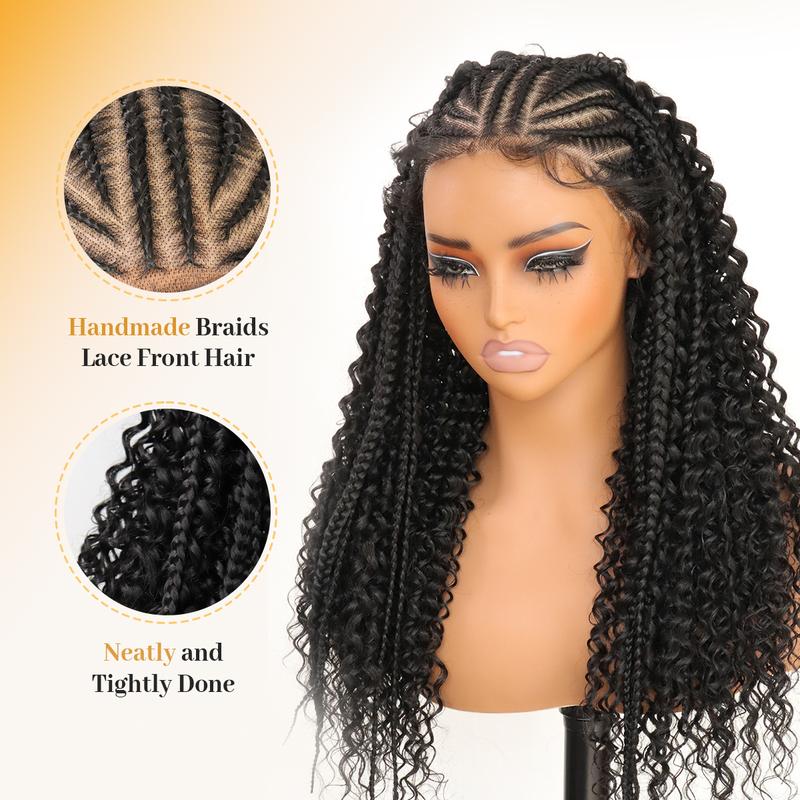 13X6 HD Lace Frontal Half Braided Curly Wigs Synthetic Half-Cornrows Half-Curly Wig with Baby Hair Pre Styled Braid Wigs 13X6 HD Lace Frontal Half Braided Curly Wigs Synthetic Half-Cornrows Half-Curly Wig with Baby Hair Pre Styled Braid Wigs