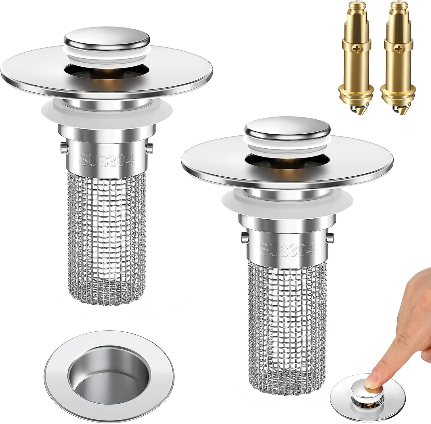 Stainless Steel Bathroom Sink Stopper with Brass Bouncing Core, Pop-Up Drain Plug Strainer, Universal for Bathtub Home Use