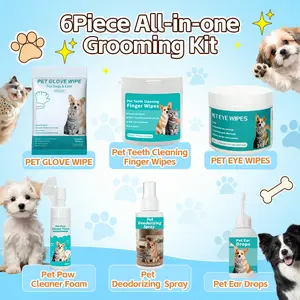 iHubei Pet Grooming Kit【Spring Deal】6 Tools Included - Grooming Glove Wipes/Dental Cleaning Finger Wipe/Eye Wipes/Pet Ear Drops/No-Rinse Paw Cleaner/Deodorizing Spray