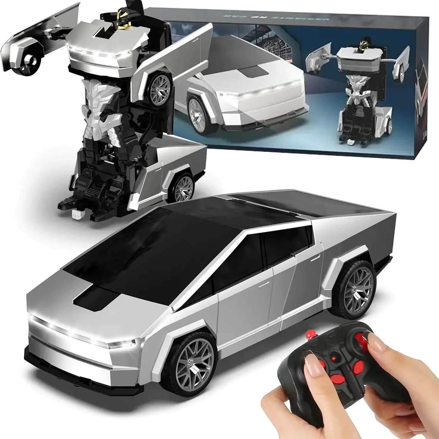 Cyber RC Transforming Car Toy, 4WD Drift Remote Control Truck with One-Button Automatic Transformation, 360° Spin & LED Lights, Futuristic Robot Vehicle Gift for   kids   tibibee transform easter   gift set 4-7 8-12  high-quality ab plastic crawlers