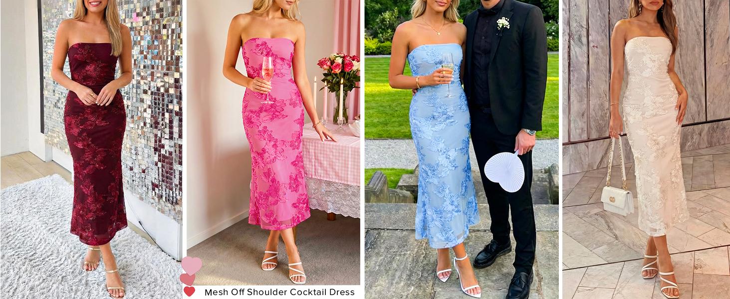 ZESICA Women's Summer Strapless Floral Midi Dress 2026 Bodycon Mesh Tube Wedding Guest Cocktail Party Long Dresses