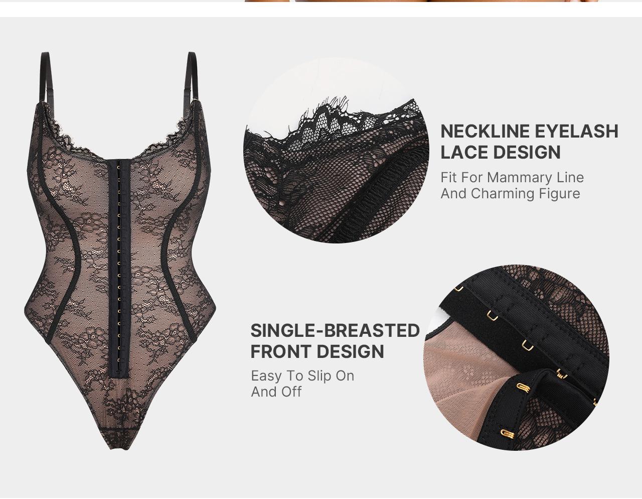 Shapellx Lace Glamour Thong Bodysuit Tummy Control Tops Front Button Design Sexy Womenswear Fit Skinny