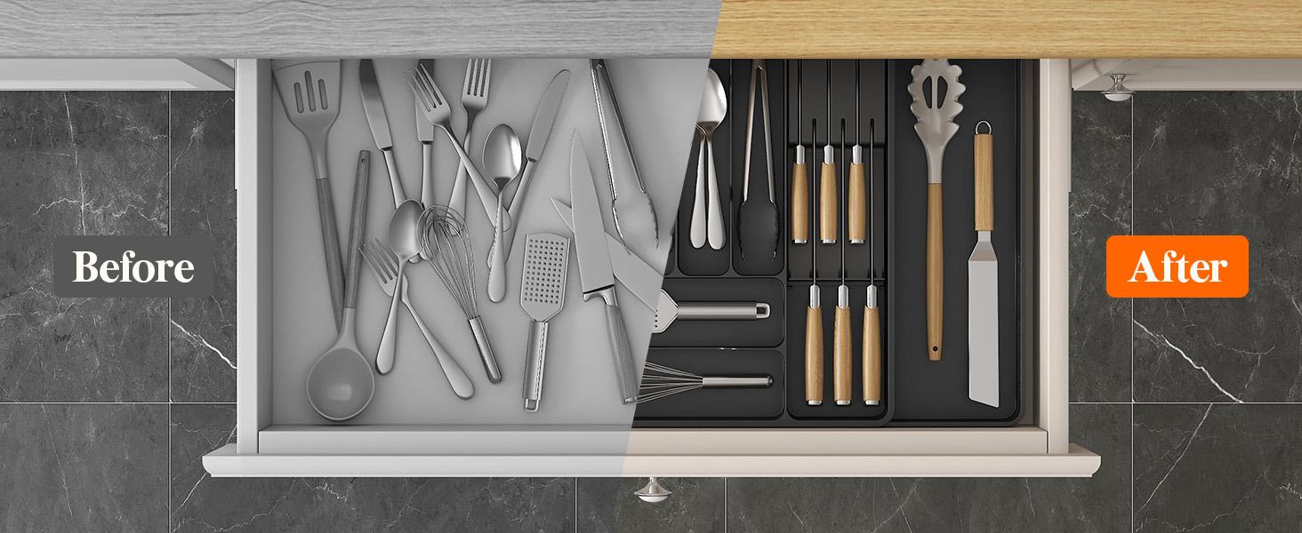 Lifewit Silverware Organizer for Kitchen Drawers, Expandable Utensil Tray with Removable Knife Block, Adjustable Cutlery & Flatware Holder, Large