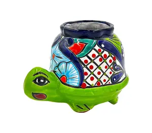 Mexican Talavera Corona Turtle Planter Pot Hand Painted - Green Body