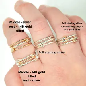Two Tone Ring in 14K Gold Filled and Sterling Silver,  Made in California, fully handcrafted, Handmade Connected Rings, joined rings, dainty unique stackable gold filled ring 925 sterling silver gold ring fidget ring