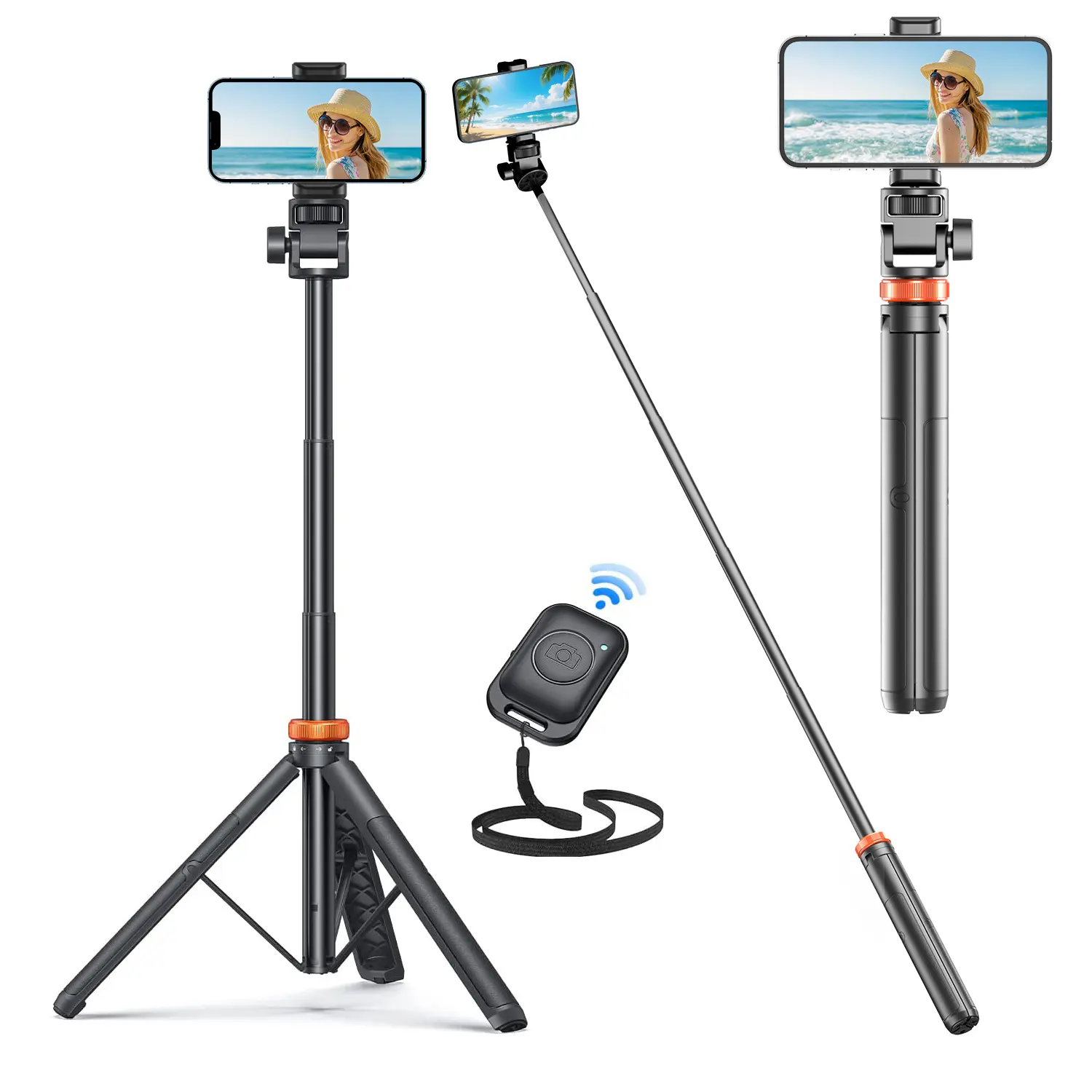 61-Inch Professional Selfie Stick Tripod with Remote Control, Enhanced Stabilized Stand, Lightweight Portable Design for iPhone & Android, Phone Accessories, Travel Gadgets, Flexible Tripod Selfie Accessories, Smartphone