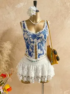 2026 Spring To Summer Vocation Floral Print Lace Trim Tank Top Sleeveless Split Hem Summer Crop Top