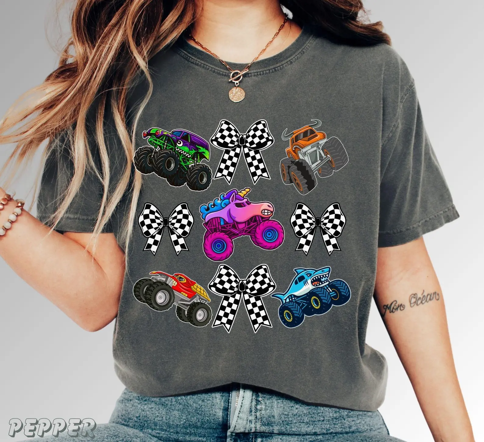 Comfort Colors Family Monster Truck TShirt, Matching Race Day Tees, Checkered Bows and Flags Womenswear Cotton Top Fit
